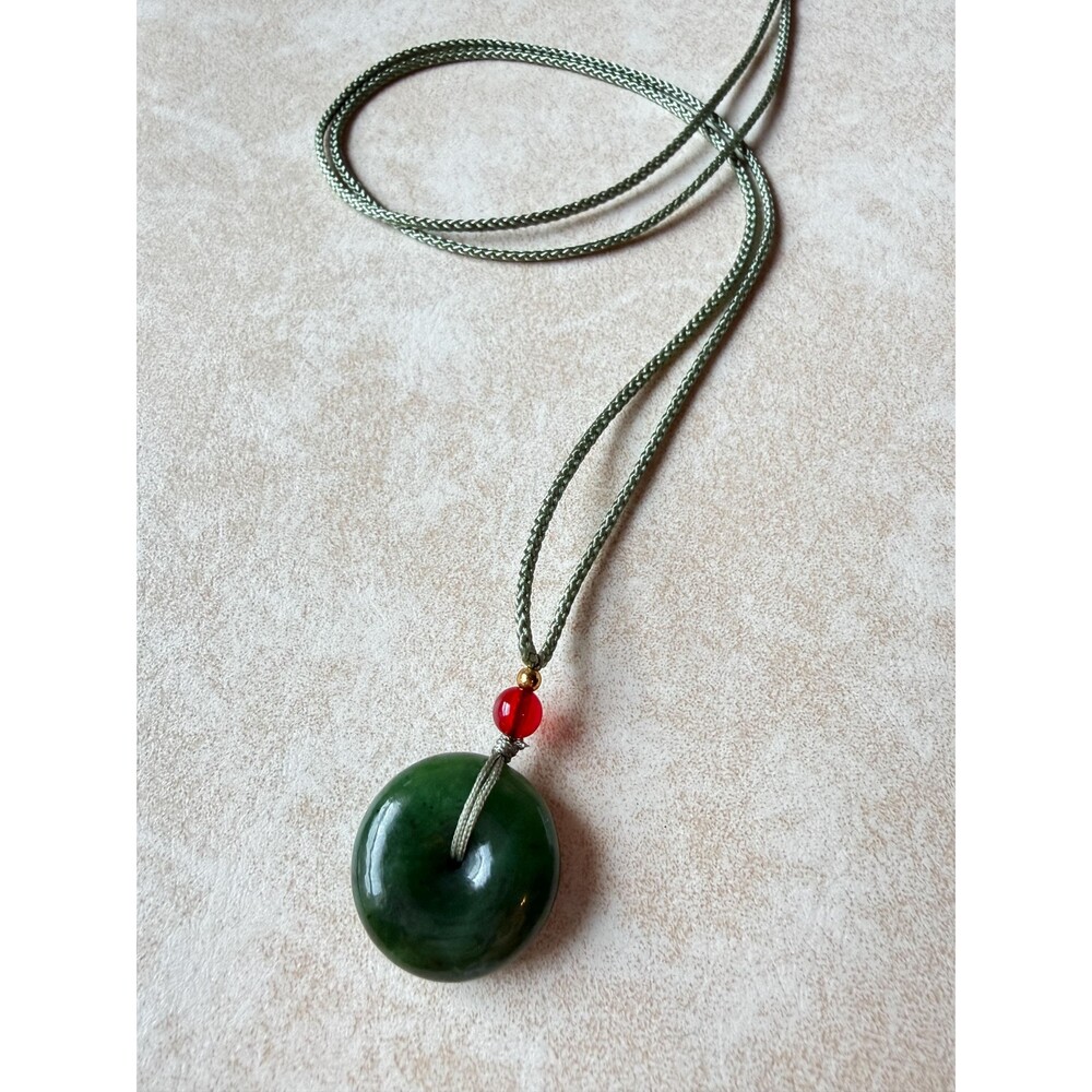 Natural Green round Donut Pendant Necklace Red agate accents Protection charm